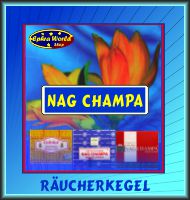 Frische Nag Champa Räucherkegel und Räucherkerzen mit unvergleichlich balsamischem Duft. Hier günstig online kaufen und  den Nag Champa Duft erleben.