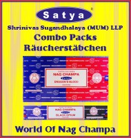 Satya Combo Packs von Shrinivas Sugandhalaya (MUM) LLP. Mit 8 St. Sai Baba Nag Champa & 8 St. eines anderen Satya Duftes. TOP AUSWAHL im FACHHANDEL