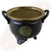 Räuchergefäß/Kessel Schwarz Metal 11x9cm Blume des Lebens mit Sieb