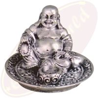 Räucherstäbchenhalter rund Happy Buddha silber Polyresin