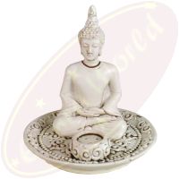 Räucherstäbchenhalter rund Thai Buddha weiß Polyresin
