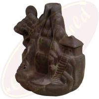 Wasserfall mit Hütte Rückfluss-Räucherkegelhalter dunkelbraun Keramik