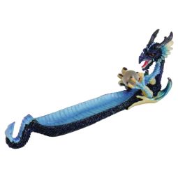 Drache Räucherstäbchenhalter blau mit Glaskugel, Polyresin