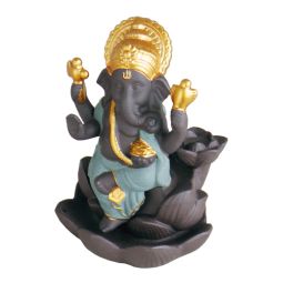 Ganesha Rückfluss-Räucherkegelhalter braun/gold/blau Keramik