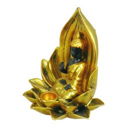Lotus Tibetan Buddha Räucherstäbchen- & Kegelhalter mit Rückflussfunktion gold