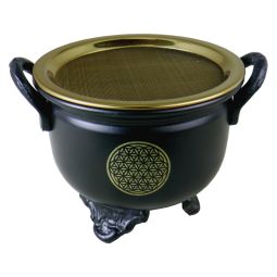 Räuchergefäß/Kessel Schwarz Metal 11x9cm Blume des Lebens mit Sieb