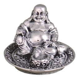 Räucherstäbchenhalter rund Happy Buddha silber Polyresin