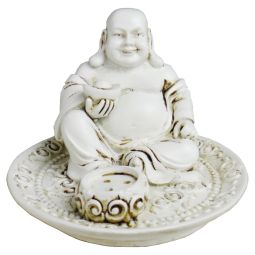 Räucherstäbchenhalter rund Happy Buddha weiß Polyresin