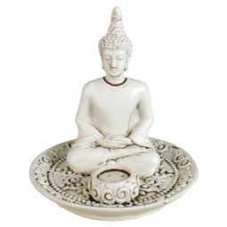 Räucherstäbchenhalter rund Thai Buddha weiß Polyresin