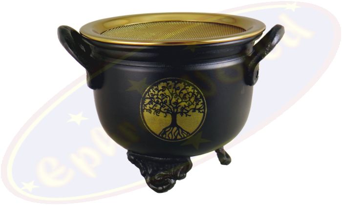 Räuchergefäß/Kessel Schwarz Metal 11x9cm Baum des Lebens mit Sieb