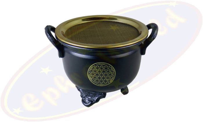 Räuchergefäß/Kessel Schwarz Metal 11x9cm Blume des Lebens mit Sieb