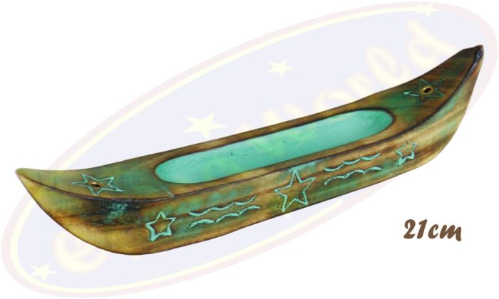 Räucherstäbchenhalter Boot grün/türkis Holz 21cm