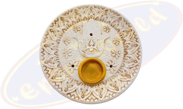 Räucherstäbchenhalter Schale Hamsa Hand rund weiß