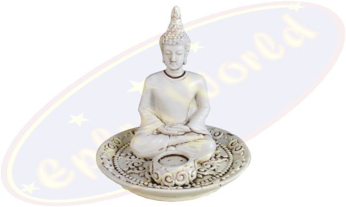 Räucherstäbchenhalter rund Thai Buddha weiß Polyresin