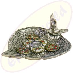 Räucherkegelhalter Trompetenbaumblatt mit Ganeshfigur 11x9cm