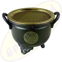 Räuchergefäß/Kessel Schwarz Metal 11x9cm Blume des Lebens mit Sieb