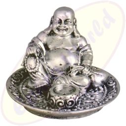 Räucherstäbchenhalter rund Happy Buddha silber Polyresin