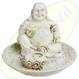 Räucherstäbchenhalter rund Happy Buddha weiß Polyresin