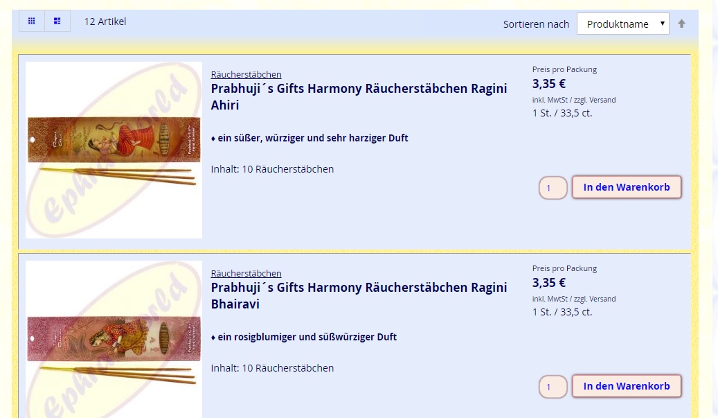 Produkt Ansicht Liste mit Duft und Details Beschreibung