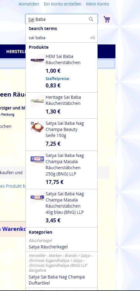 Detailierte Suchergebnisse inklusive Suchempfehlungen und Kategorien