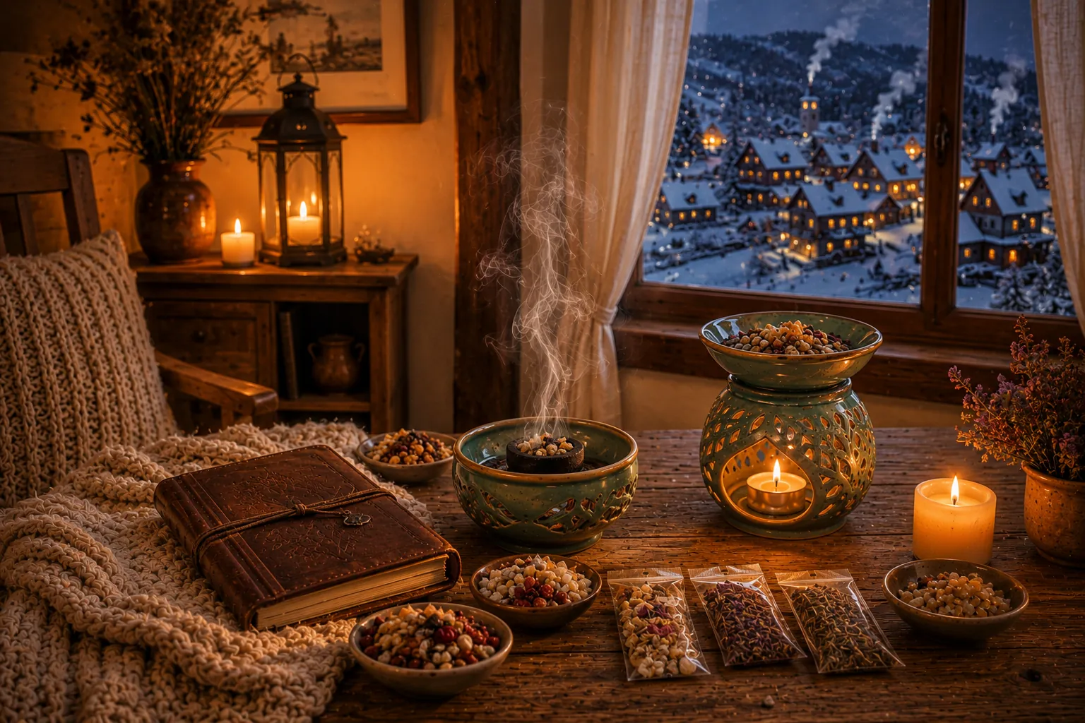 Rauhnächte räuchern — Kerzen, Räucherschale, Winterstimmung